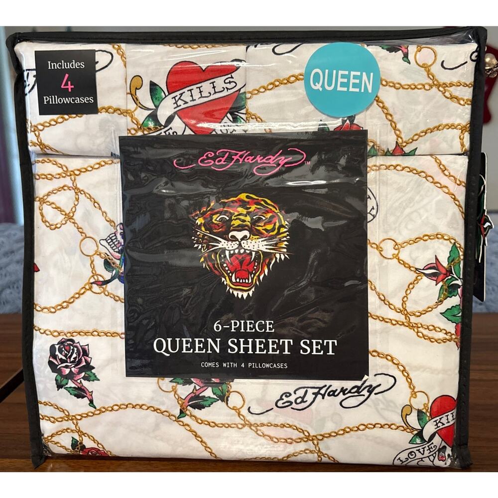 New Ed Hardy 6 Piece Queen Sheet Set W/ 4 Pillowcases Love Kills Rose Skull